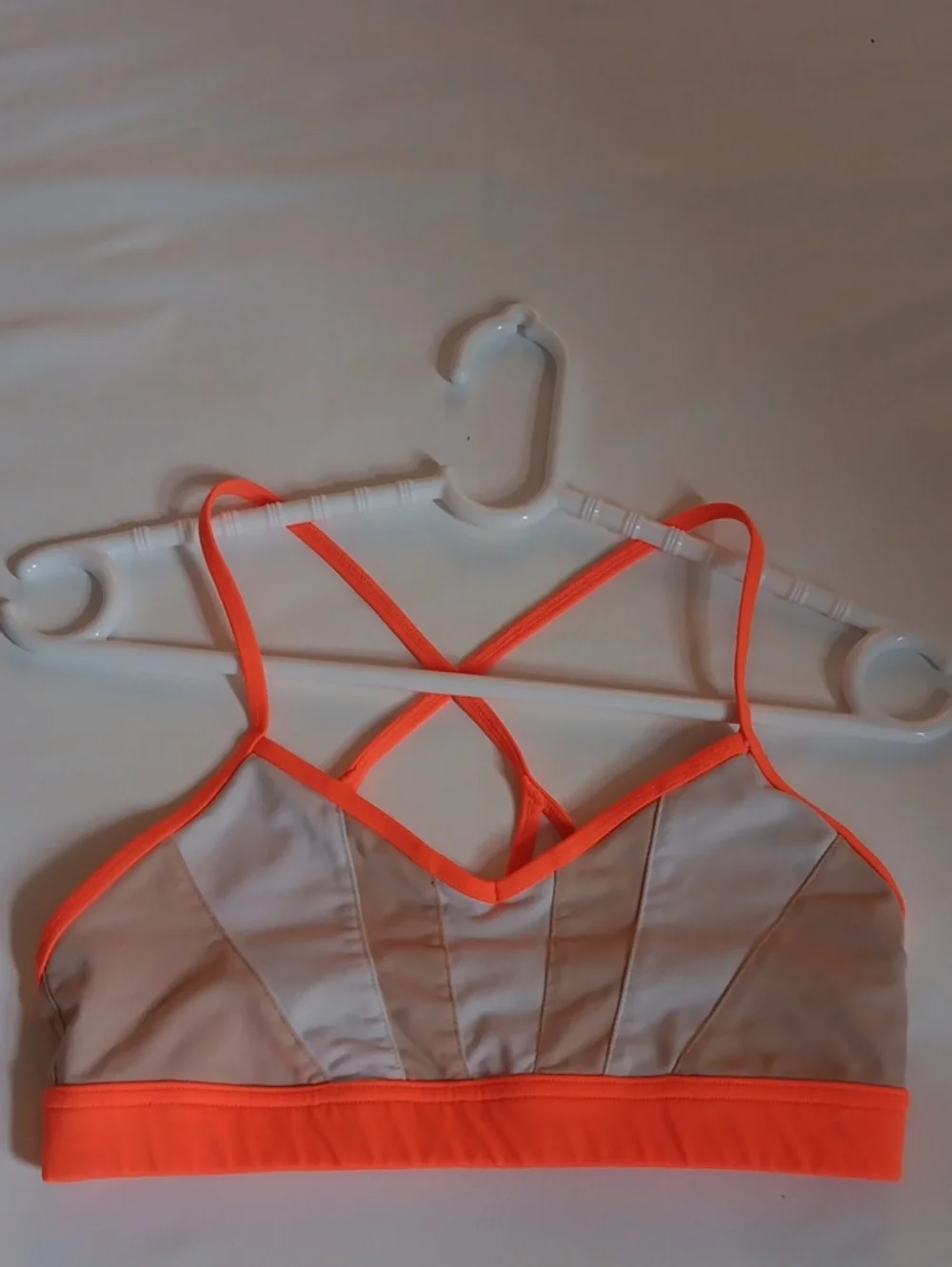 ALO Yoga White Bralette with Bright Coral Trim and Cross-Back Straps